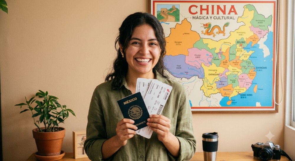 Chica feliz sosteniendo su pasaporte mexicano y sus boletos atrás mapa de China